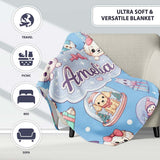 Cute Kawaii Christmas Pets Snow Globe Gifts Blue Background  Personalised Custom Name Super Soft Fleece Blanket Bed Sofa Throw