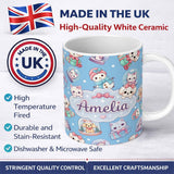 Personalized Custom Name Cute Kawaii Christmas Pets Snow Globe Gifts Blue Background 11oz Ceramic Coffee Tea Mug White Large Handle