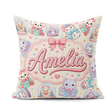 Custom Name Cute Kawaii Pets Snow Globe Gifts Cream Background Square Filled Cushion Throw Pillow Sofa Bed Home Decor Zip Washable UK Made