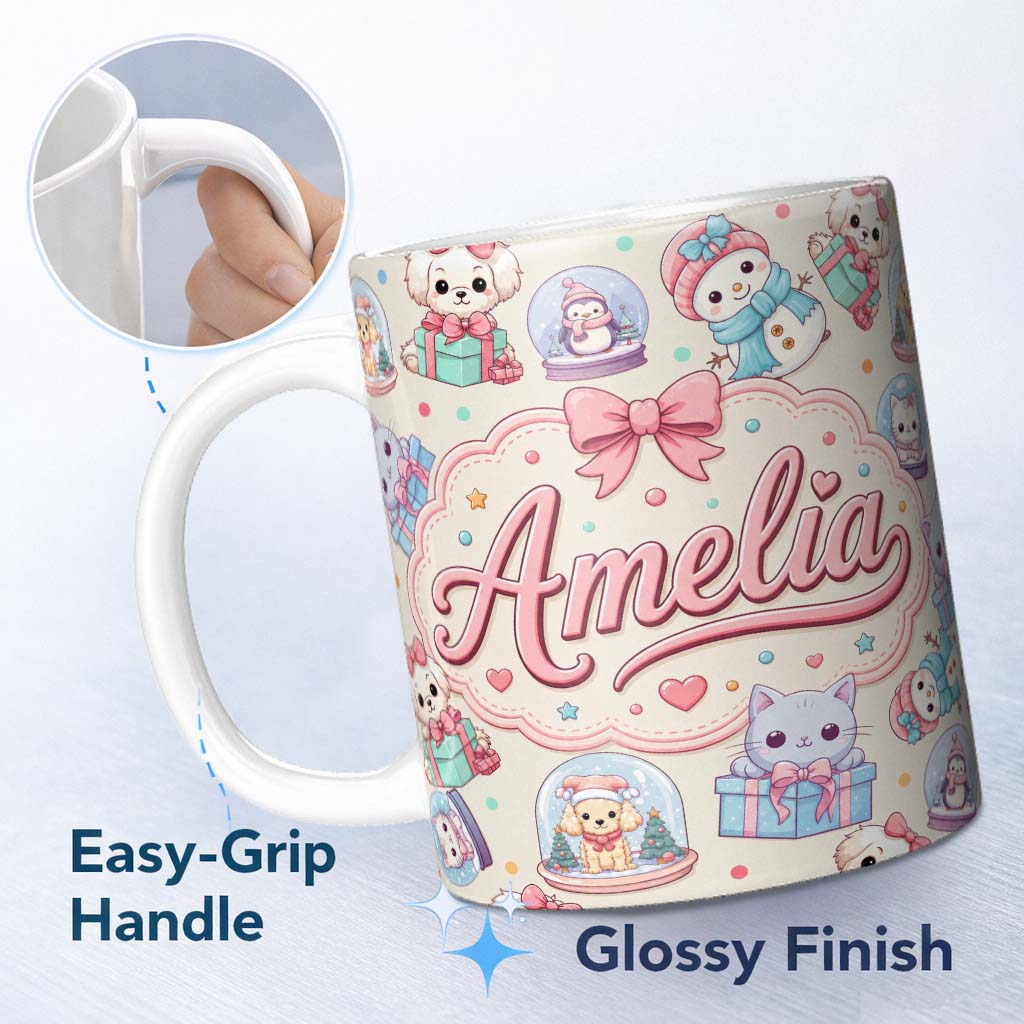 Personalized Custom Name Cute Kawaii Christmas Pets Snow Globe Gifts Cream Background 11oz Ceramic Coffee Tea Mug White Large Handle