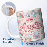 Personalized Custom Name Cute Kawaii Christmas Pets Snow Globe Gifts Cream Background 11oz Ceramic Coffee Tea Mug White Large Handle
