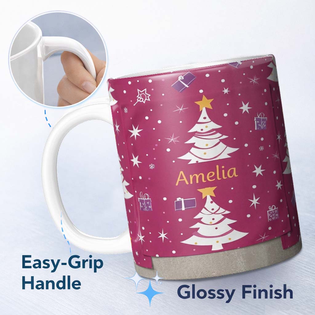 Personalized Custom Name White Christmas Tree Star Gift Festive Seamless Pattern Lovely 11oz Ceramic Coffee Tea Mug White Large Handle