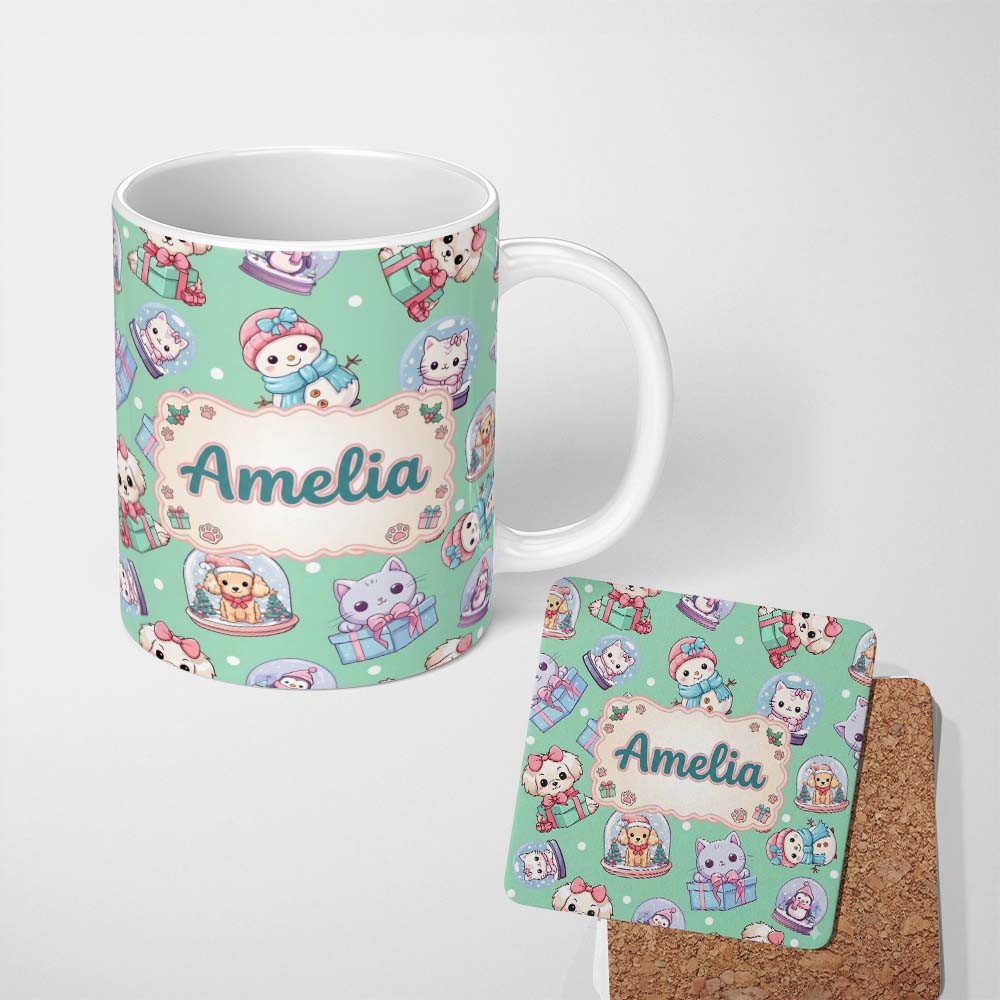 Personalized Custom Name Cute Kawaii Christmas Pets Snow Globe Gifts Mint Background 11oz Ceramic Coffee Tea Mug White Large Handle