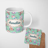 Personalized Custom Name Cute Kawaii Christmas Pets Snow Globe Gifts Mint Background 11oz Ceramic Coffee Tea Mug White Large Handle