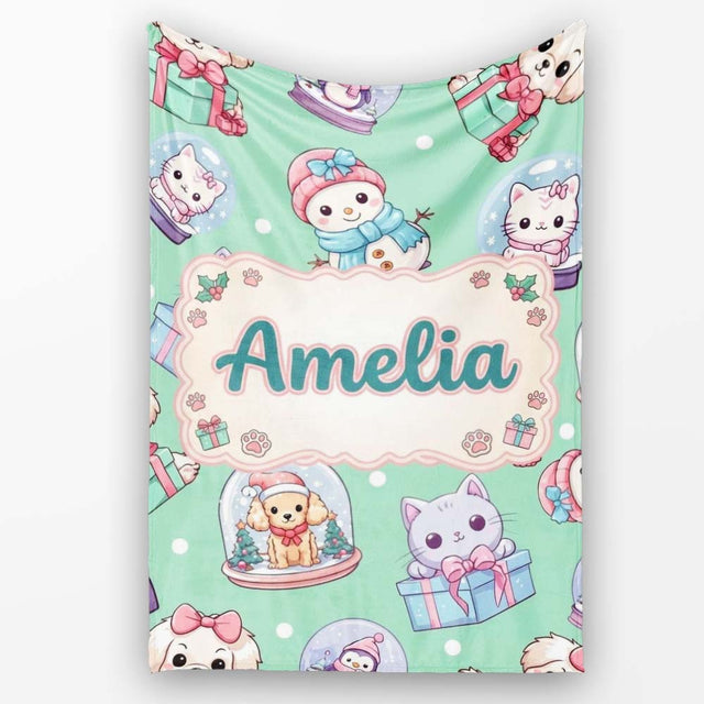 Cute Kawaii Christmas Pets Snow Globe Gifts Mint Background  Personalised Custom Name Super Soft Fleece Blanket Bed Sofa Throw