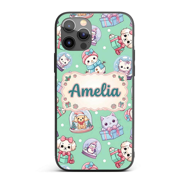 Cute Kawaii Christmas Pets Snow Globe Gifts Mint Custom Name Protective Phone Case Mobile Cover Durable Everyday Smartphone Shock Resistant