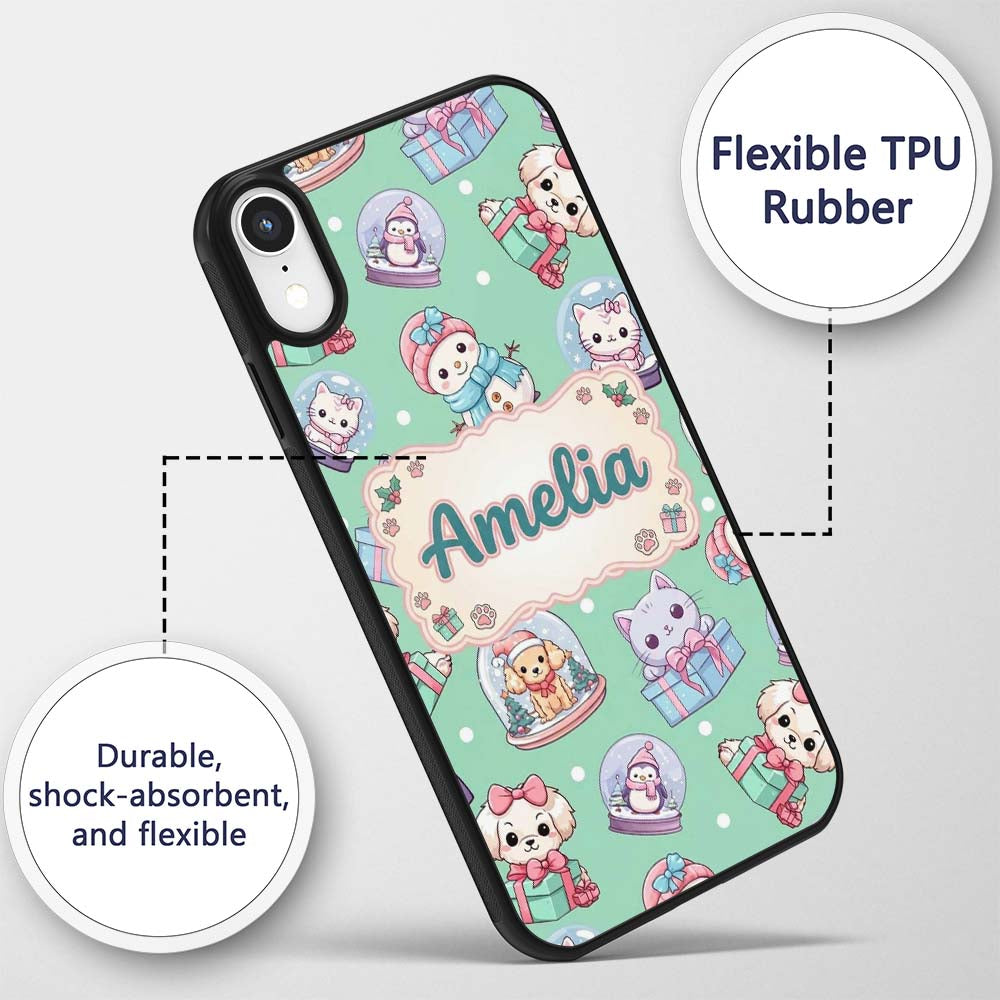Cute Kawaii Christmas Pets Snow Globe Gifts Mint Custom Name Protective Phone Case Mobile Cover Durable Everyday Smartphone Shock Resistant