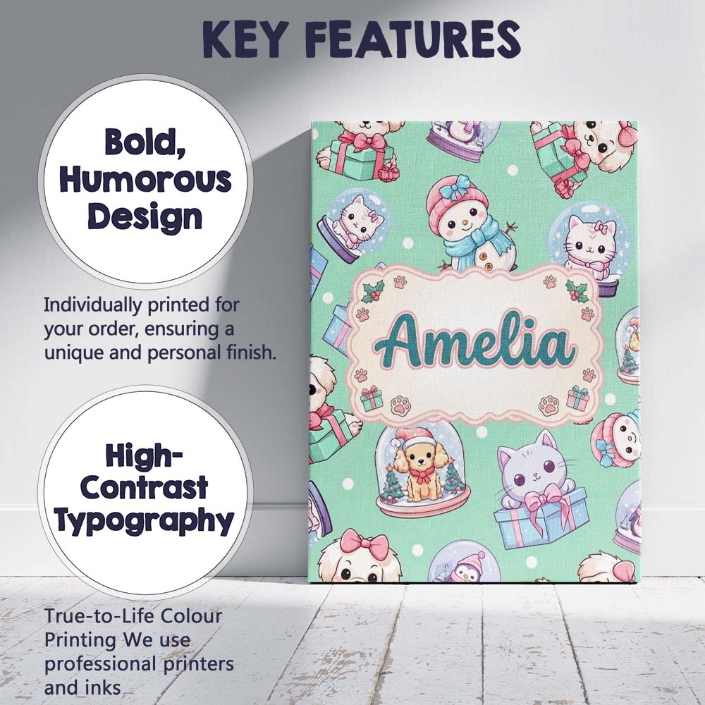Personalised Name Cute Kawaii Christmas Custom  Modern Room Accent Elegant Feature Canvas Wall Art Print Decor Picture Ready to Hang