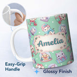 Personalized Custom Name Cute Kawaii Christmas Pets Snow Globe Gifts Mint Background 11oz Ceramic Coffee Tea Mug White Large Handle