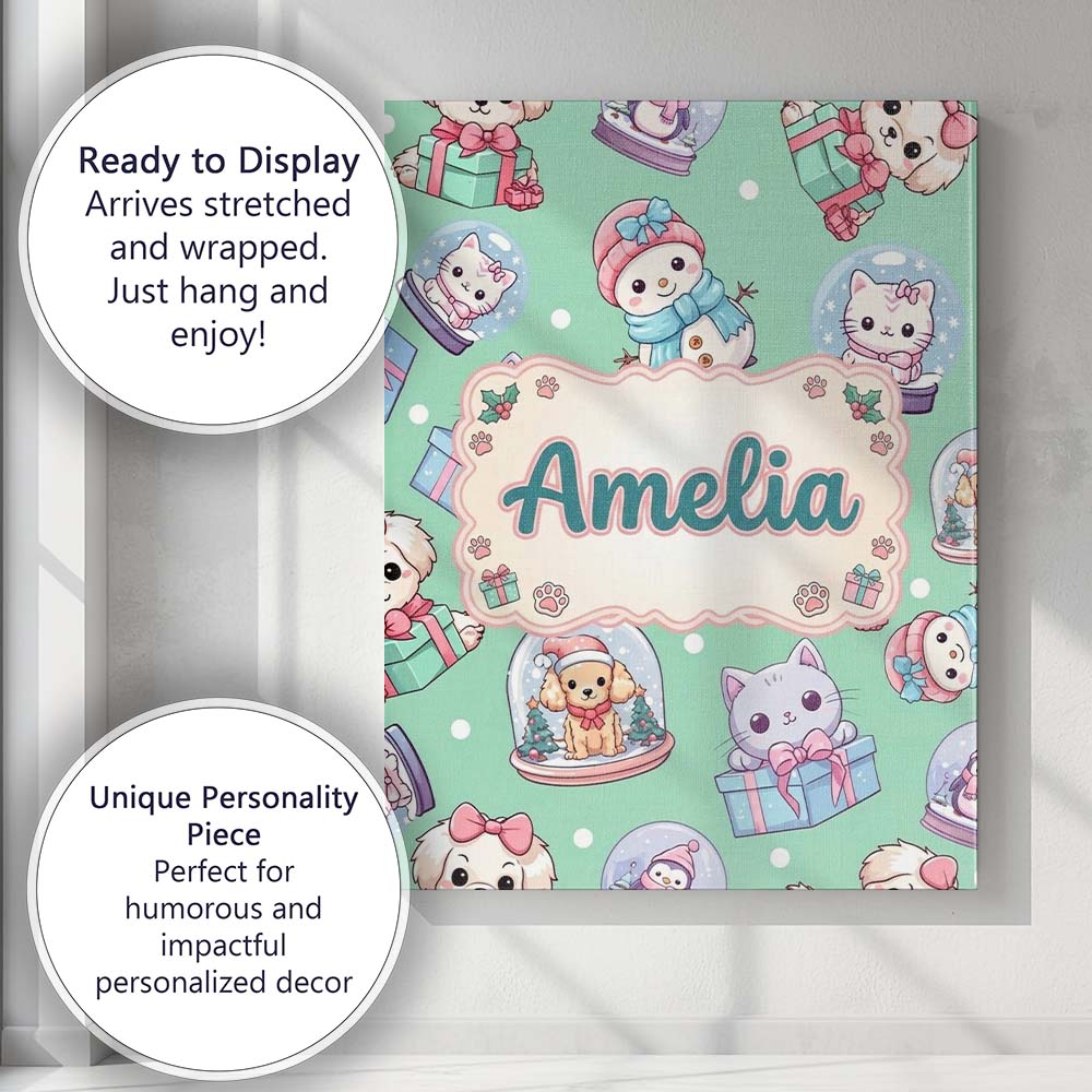Personalised Name Cute Kawaii Christmas Custom  Modern Room Accent Elegant Feature Canvas Wall Art Print Decor Picture Ready to Hang