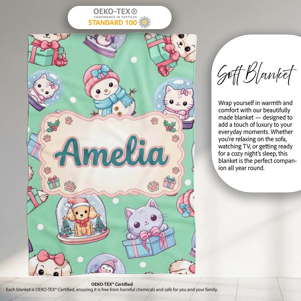 Cute Kawaii Christmas Pets Snow Globe Gifts Mint Background  Personalised Custom Name Super Soft Fleece Blanket Bed Sofa Throw