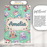 Cute Kawaii Christmas Pets Snow Globe Gifts Mint Background  Personalised Custom Name Super Soft Fleece Blanket Bed Sofa Throw