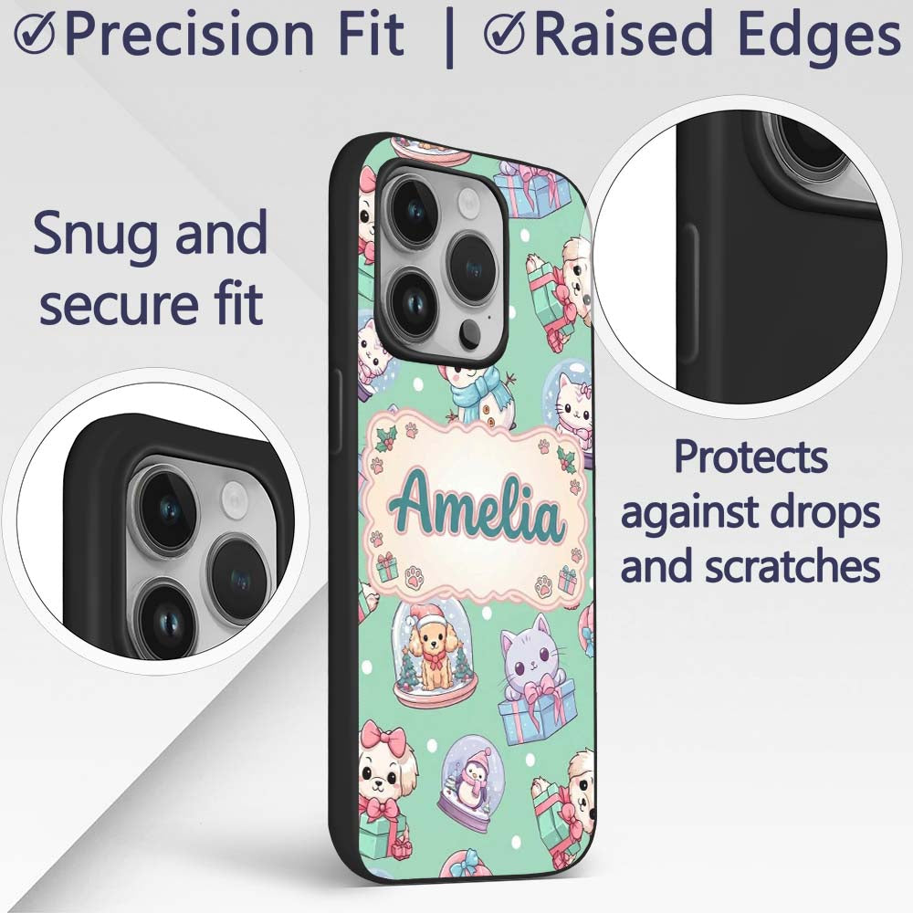 Cute Kawaii Christmas Pets Snow Globe Gifts Mint Custom Name Protective Phone Case Mobile Cover Durable Everyday Smartphone Shock Resistant