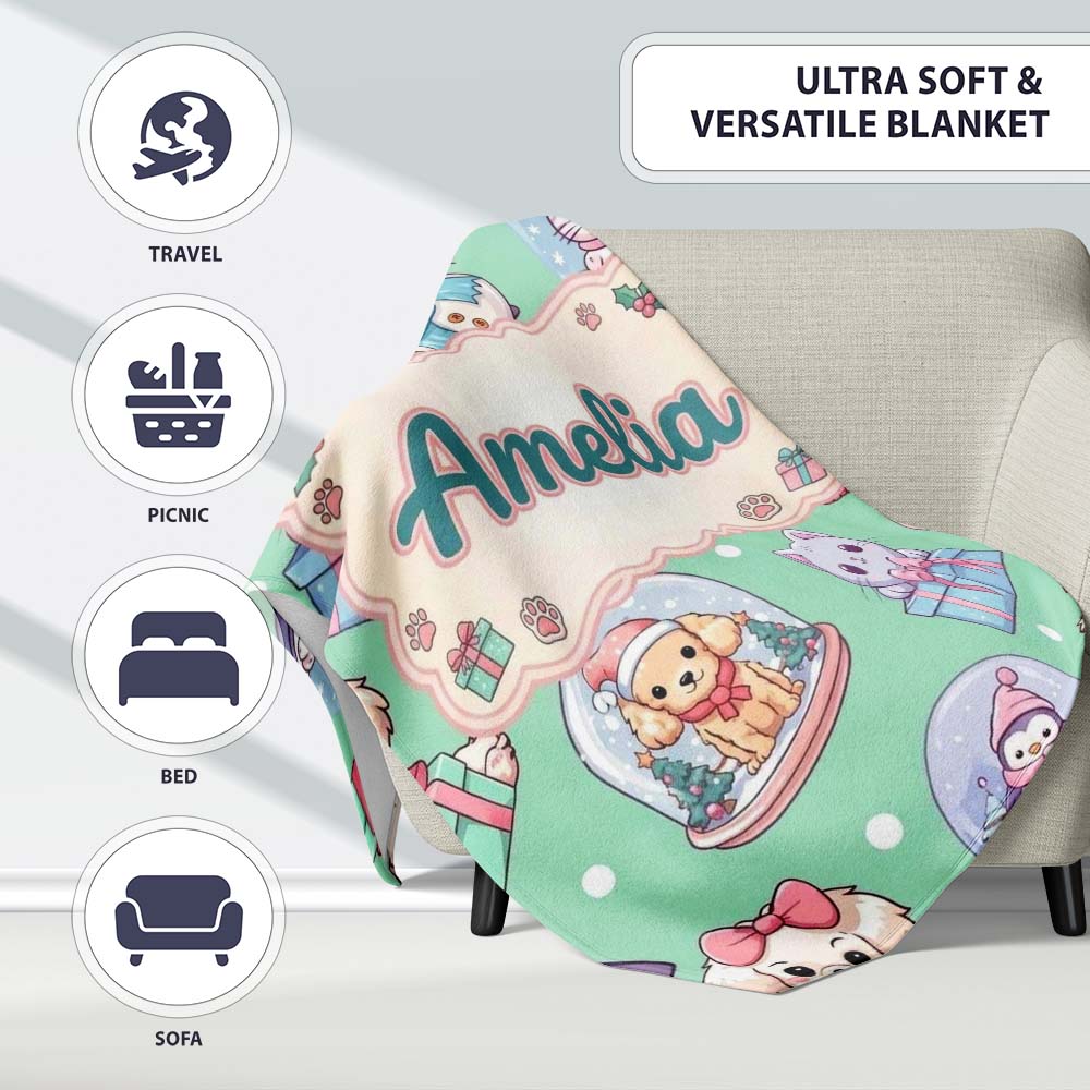 Cute Kawaii Christmas Pets Snow Globe Gifts Mint Background  Personalised Custom Name Super Soft Fleece Blanket Bed Sofa Throw