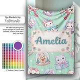 Cute Kawaii Christmas Pets Snow Globe Gifts Mint Background  Personalised Custom Name Super Soft Fleece Blanket Bed Sofa Throw