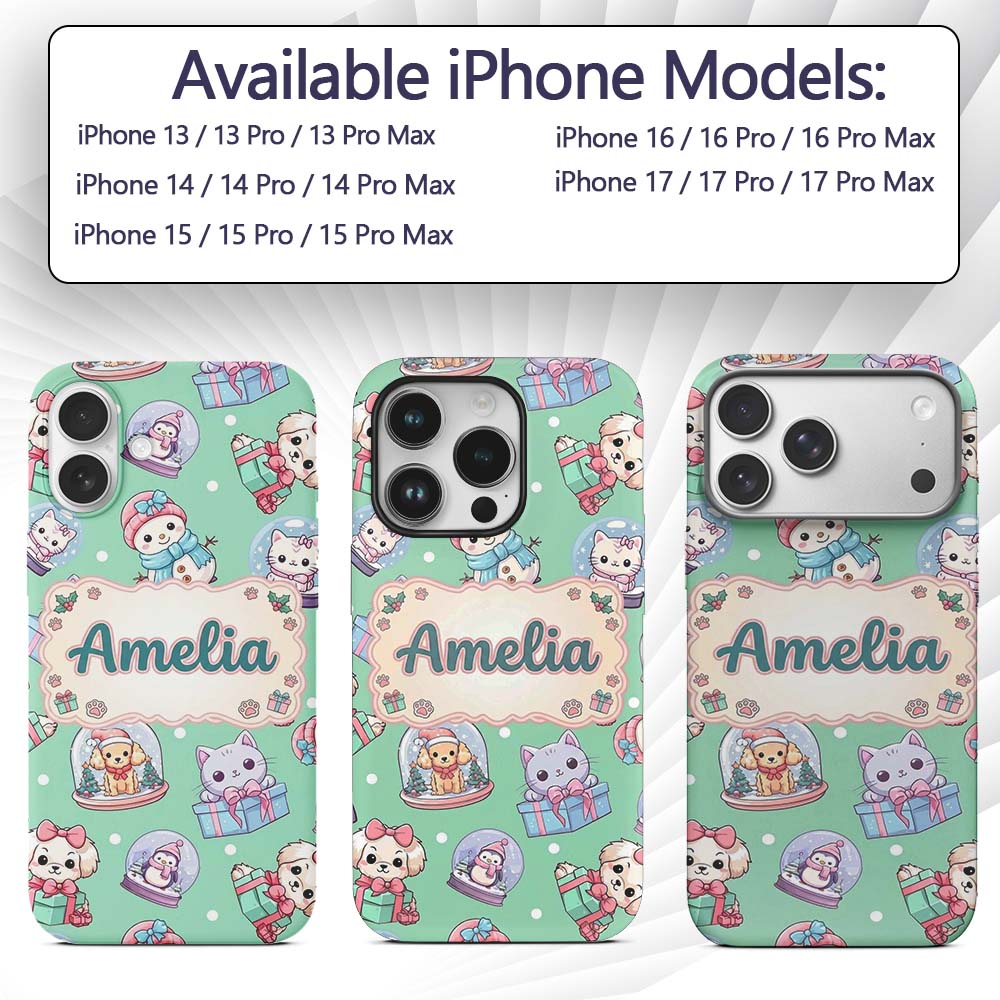 Cute Kawaii Christmas Pets Snow Globe Gifts Mint Custom Name Protective Phone Case Mobile Cover Durable Everyday Smartphone Shock Resistant