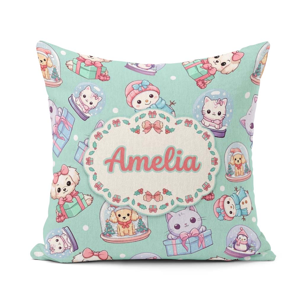Custom Name Cute Christmas Pets Snow Globe Gifts Teal Background Square Filled Cushion Throw Pillow Sofa Bed Home Decor Zip Washable UK Made