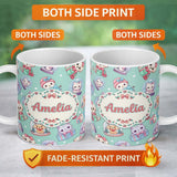 Personalized Custom Name Cute Kawaii Christmas Pets Snow Globe Gifts Teal Background 11oz Ceramic Coffee Tea Mug White Large Handle