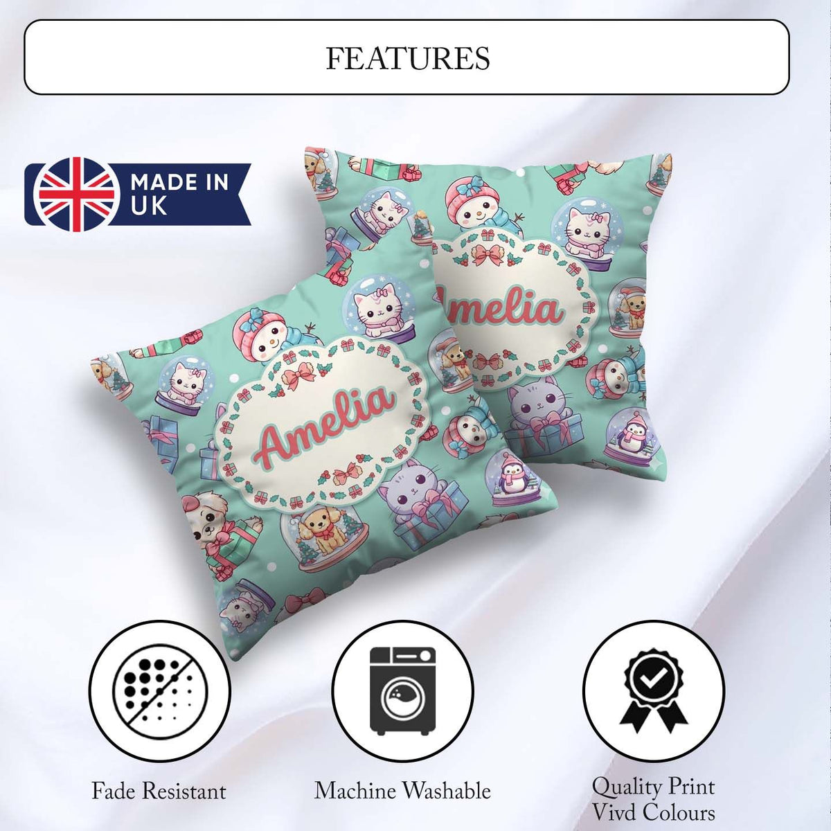 Custom Name Cute Christmas Pets Snow Globe Gifts Teal Background Square Filled Cushion Throw Pillow Sofa Bed Home Decor Zip Washable UK Made