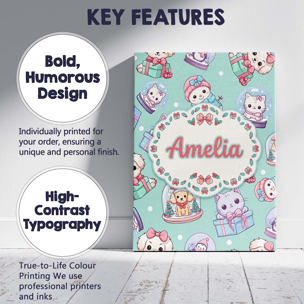 Personalised Name Cute Kawaii Christmas Custom  Modern Room Accent Elegant Feature Canvas Wall Art Print Decor Picture Ready to Hang
