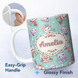 Personalized Custom Name Cute Kawaii Christmas Pets Snow Globe Gifts Teal Background 11oz Ceramic Coffee Tea Mug White Large Handle