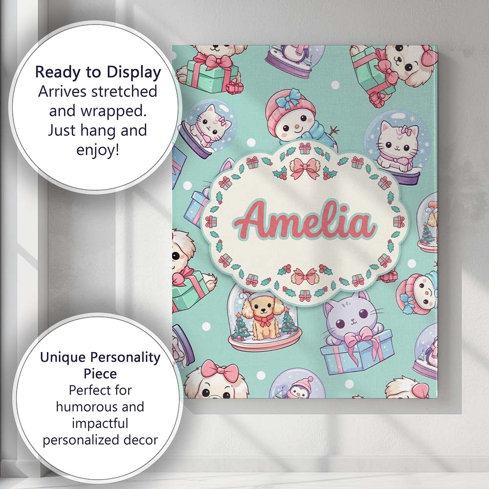 Personalised Name Cute Kawaii Christmas Custom  Modern Room Accent Elegant Feature Canvas Wall Art Print Decor Picture Ready to Hang
