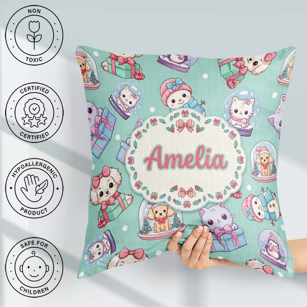 Custom Name Cute Christmas Pets Snow Globe Gifts Teal Background Square Filled Cushion Throw Pillow Sofa Bed Home Decor Zip Washable UK Made
