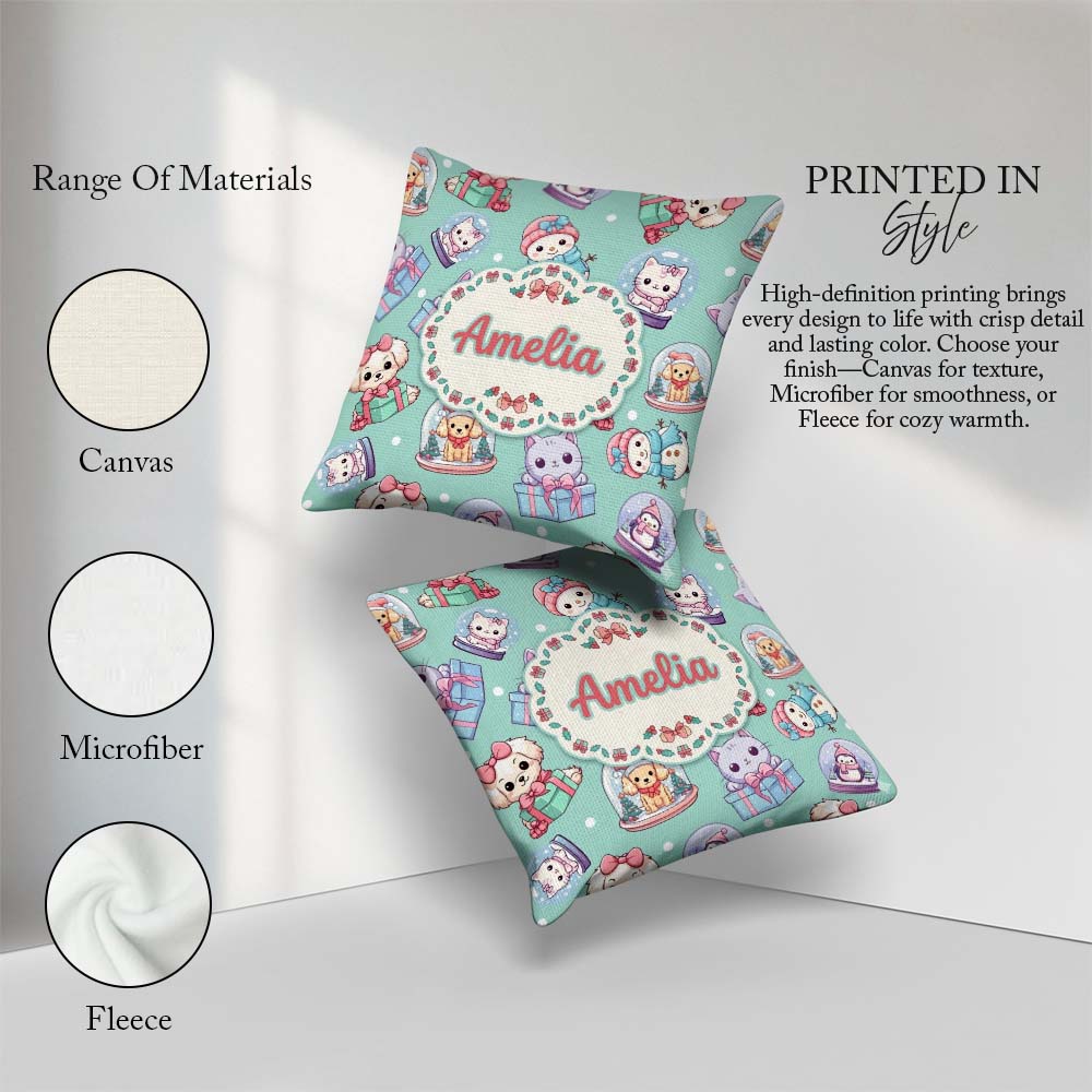 Custom Name Cute Christmas Pets Snow Globe Gifts Teal Background Square Filled Cushion Throw Pillow Sofa Bed Home Decor Zip Washable UK Made