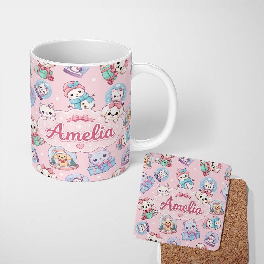 Personalized Custom Name Cute Kawaii Christmas Pets Snow Globe Gifts Soft Pink Background 11oz Ceramic Coffee Tea Mug White Large Handle
