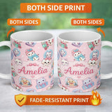 Personalized Custom Name Cute Kawaii Christmas Pets Snow Globe Gifts Soft Pink Background 11oz Ceramic Coffee Tea Mug White Large Handle