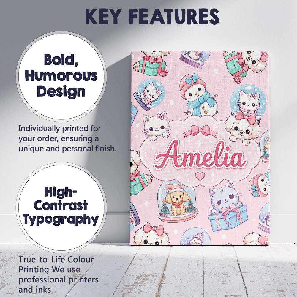 Personalised Name Cute Kawaii Christmas Custom  Modern Room Accent Elegant Feature Canvas Wall Art Print Decor Picture Ready to Hang