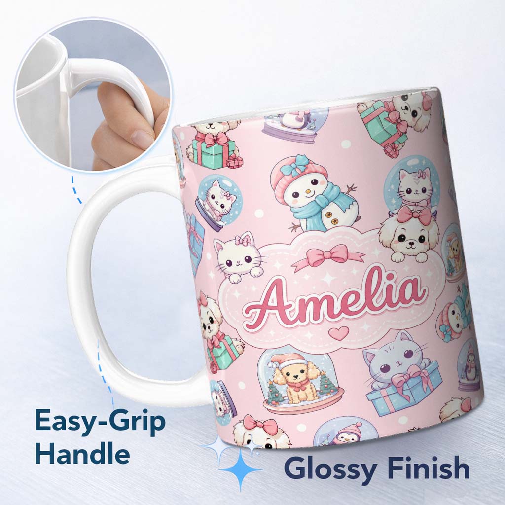 Personalized Custom Name Cute Kawaii Christmas Pets Snow Globe Gifts Soft Pink Background 11oz Ceramic Coffee Tea Mug White Large Handle