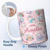 Personalized Custom Name Cute Kawaii Christmas Pets Snow Globe Gifts Soft Pink Background 11oz Ceramic Coffee Tea Mug White Large Handle