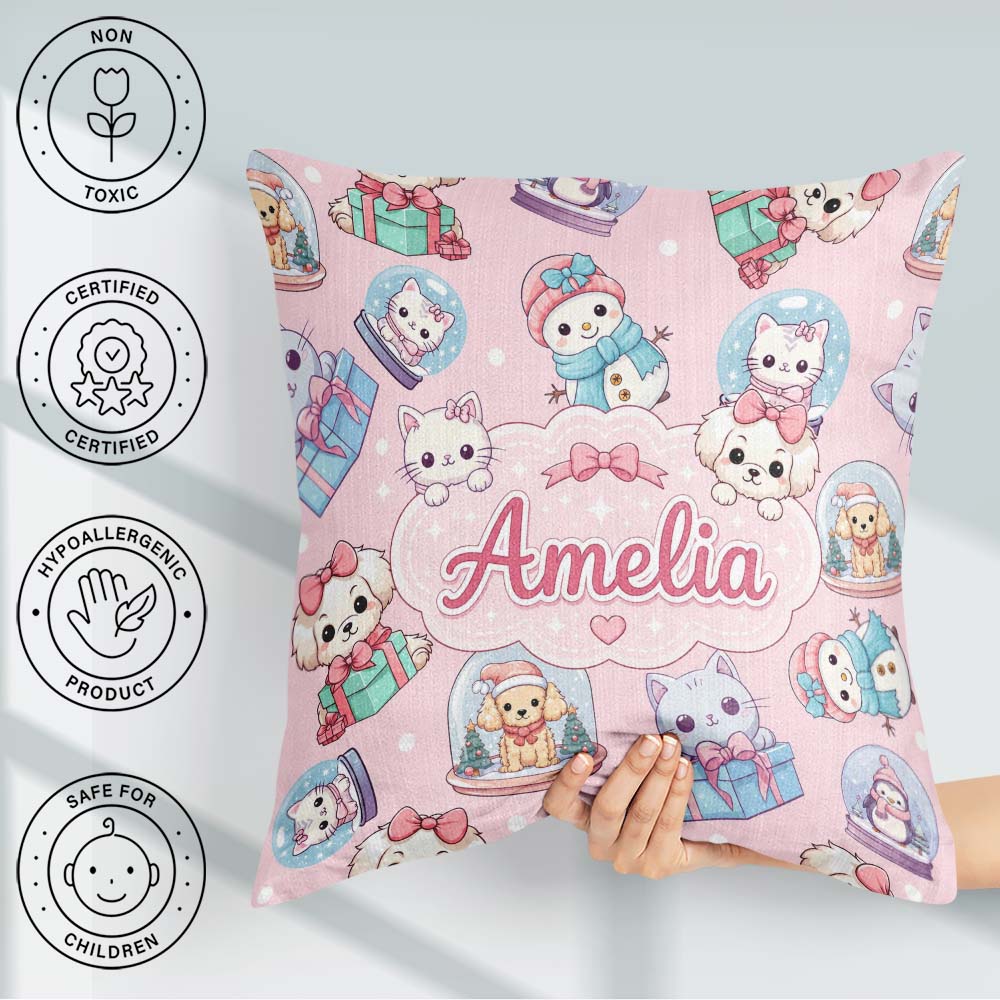 Custom Name Christmas Pets Snow Globe Gifts Soft Pink Background Square Filled Cushion Throw Pillow Sofa Bed Home Decor Zip Washable UK Made