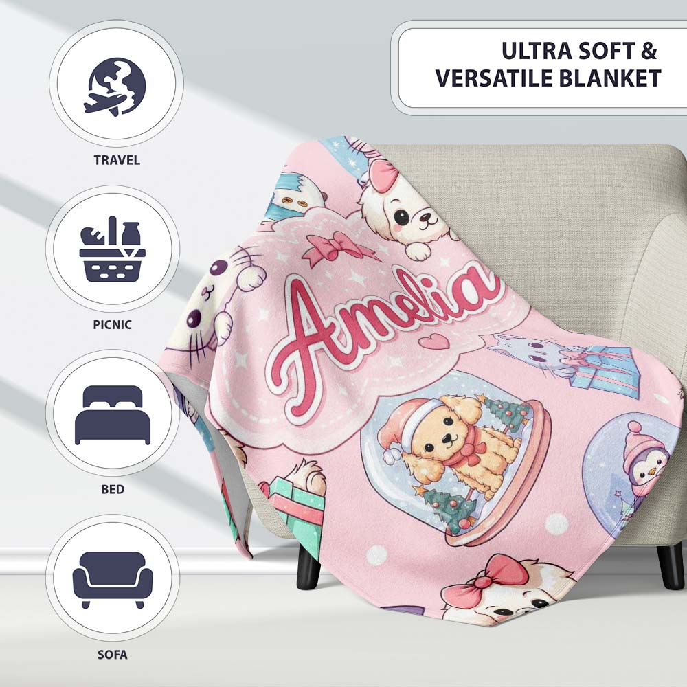 Cute Kawaii Christmas Pets Snow Globe Gifts Soft Pink Background  Personalised Custom Name Super Soft Fleece Blanket Bed Sofa Throw