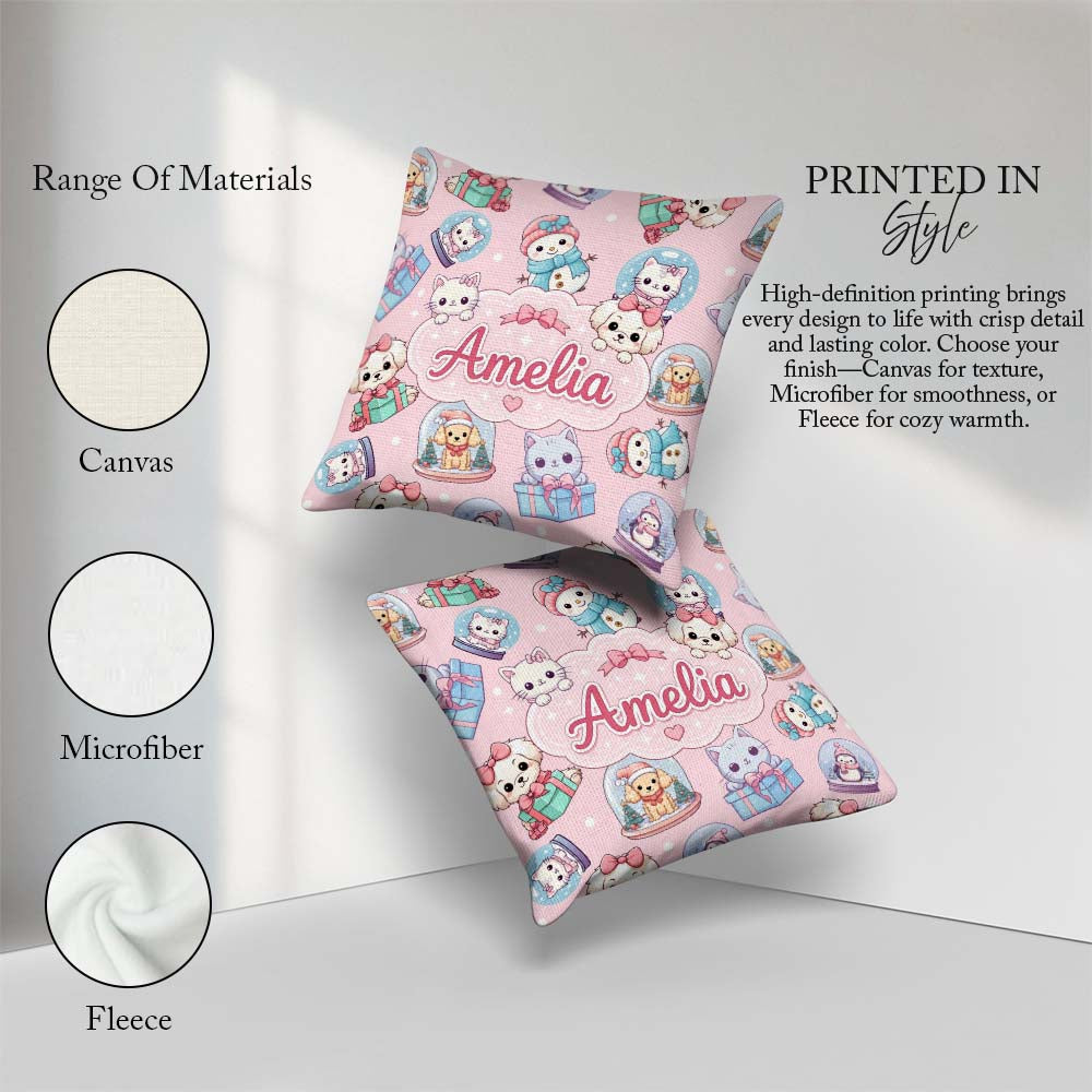 Custom Name Christmas Pets Snow Globe Gifts Soft Pink Background Square Filled Cushion Throw Pillow Sofa Bed Home Decor Zip Washable UK Made
