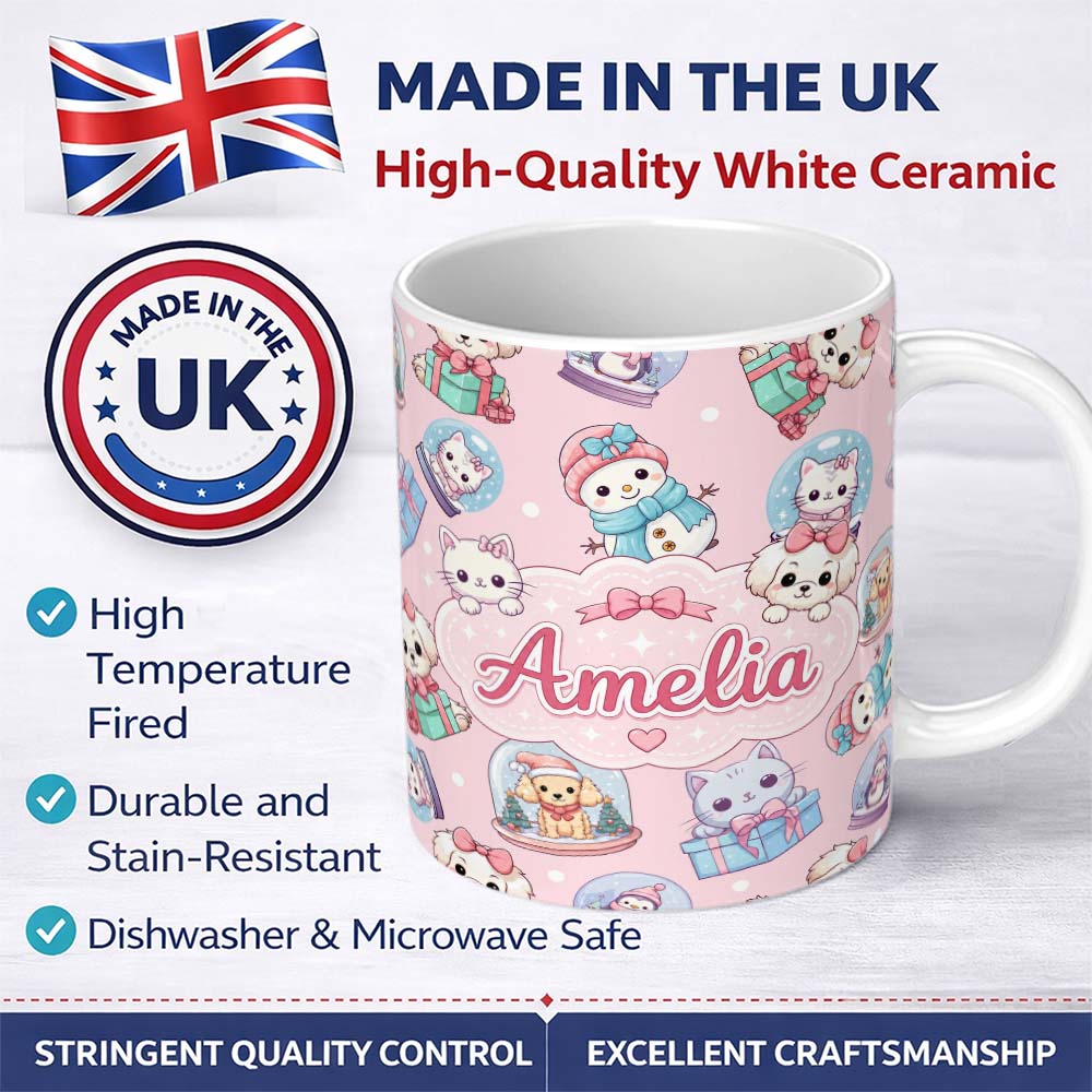 Personalized Custom Name Cute Kawaii Christmas Pets Snow Globe Gifts Soft Pink Background 11oz Ceramic Coffee Tea Mug White Large Handle