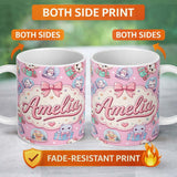 Personalized Custom Name Cute Kawaii Christmas Pets Snow Globe Gifts Pink Background 11oz Ceramic Coffee Tea Mug White Large Handle