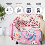 Cute Kawaii Christmas Pets Snow Globe Gifts Pink Background  Personalised Custom Name Super Soft Fleece Blanket Bed Sofa Throw