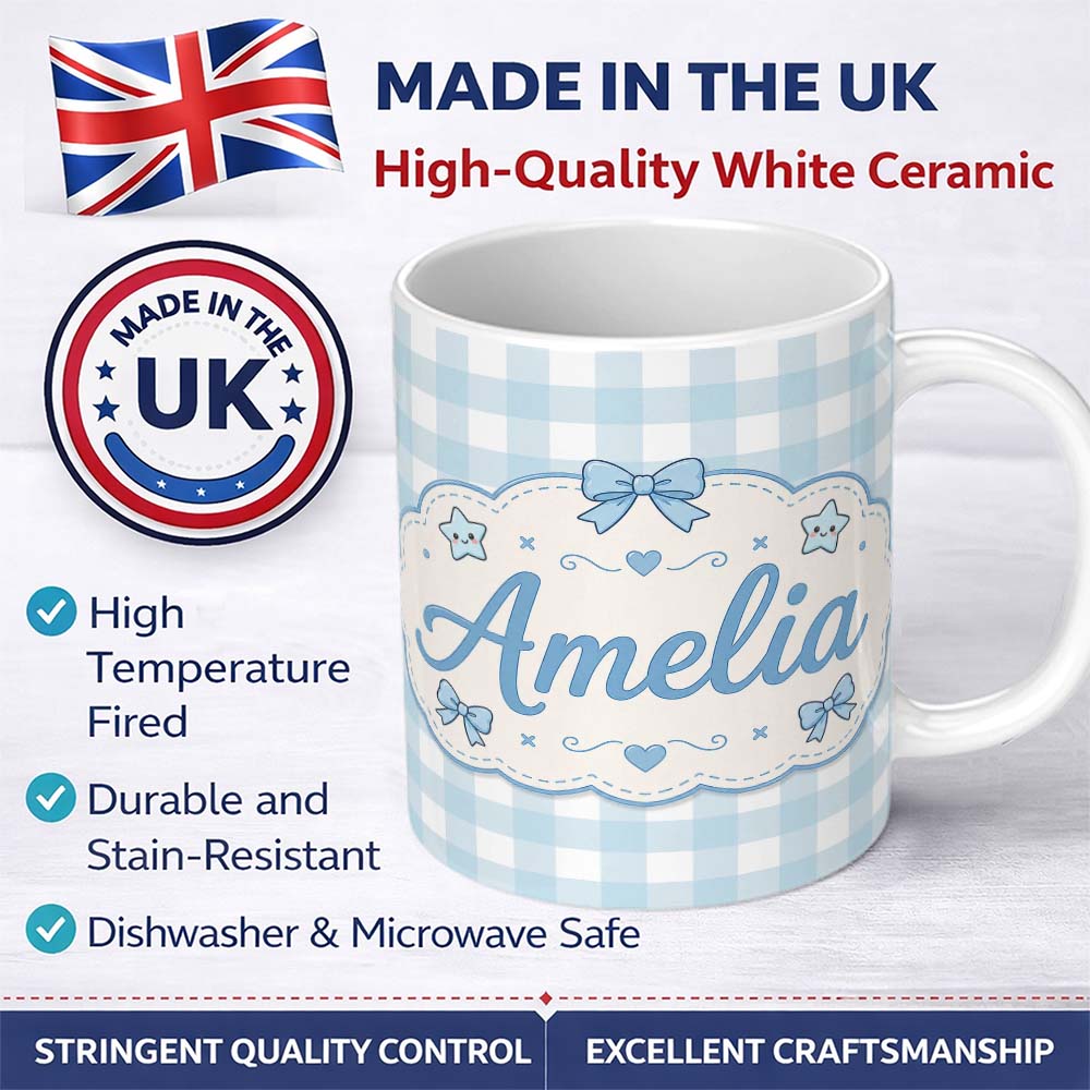 Personalized Custom Name Soft Blue And White Gingham Check Seamless Pattern Classic Lovely 11oz Ceramic Coffee Tea Mug White Large Handle