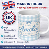 Personalized Custom Name Soft Blue And White Gingham Check Seamless Pattern Classic Lovely 11oz Ceramic Coffee Tea Mug White Large Handle