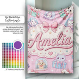 Cute Kawaii Christmas Pets Snow Globe Gifts Pink Background  Personalised Custom Name Super Soft Fleece Blanket Bed Sofa Throw