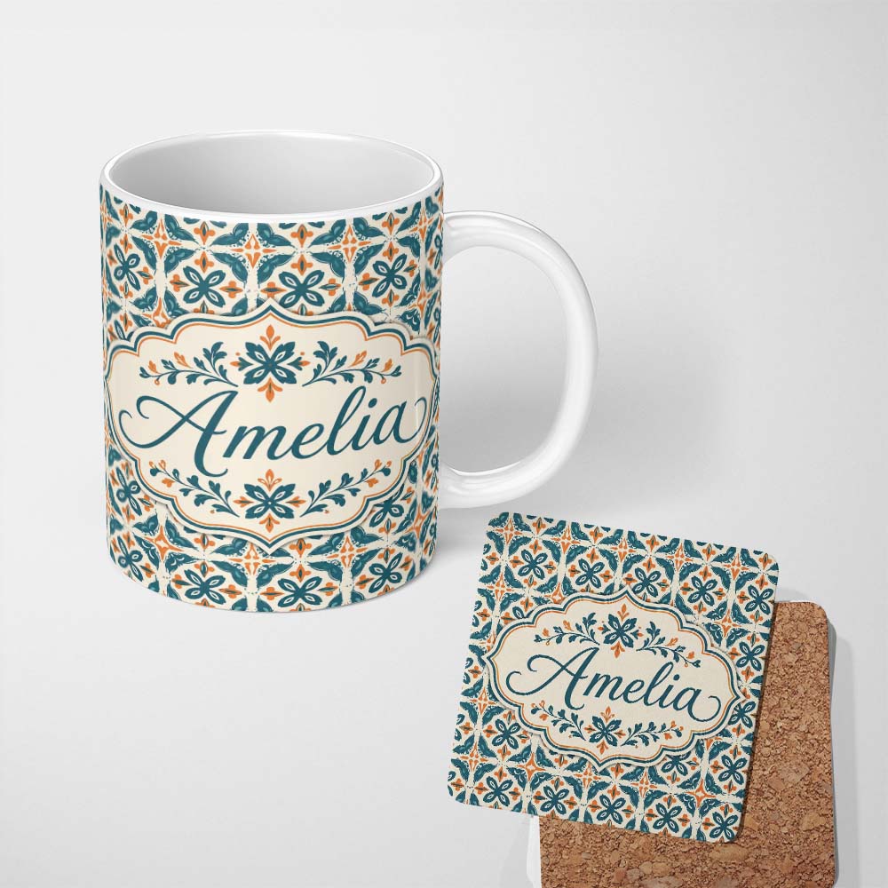 Personalized Custom Name Geometric Floral Tile Pattern in Teal and Burnt Orange on Neutral 11oz Ceramic Coffee Tea Mug White Large Handle