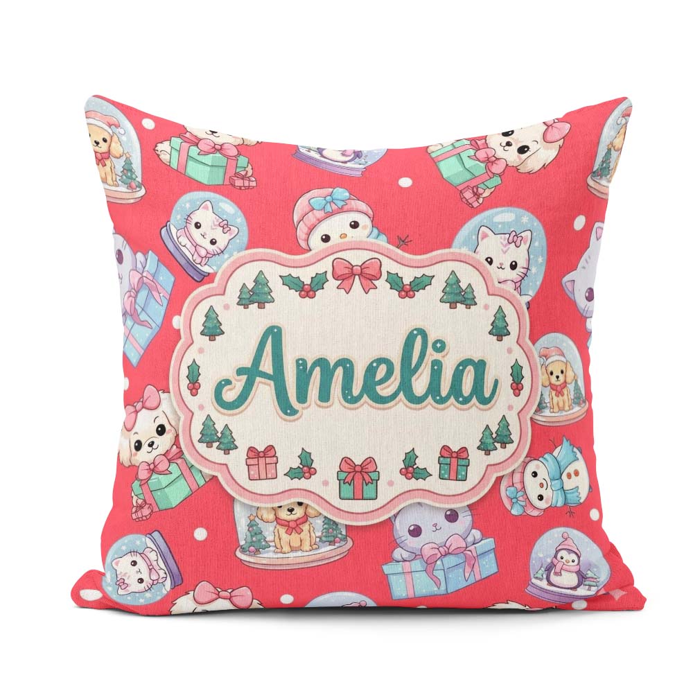 Custom Name Kawaii Pets Snow Globe Gifts Red Background Seamless Square Filled Cushion Throw Pillow Sofa Bed Home Decor Zip Washable UK Made