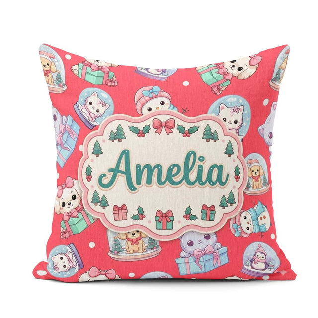 Custom Name Kawaii Pets Snow Globe Gifts Red Background Seamless Square Filled Cushion Throw Pillow Sofa Bed Home Decor Zip Washable UK Made