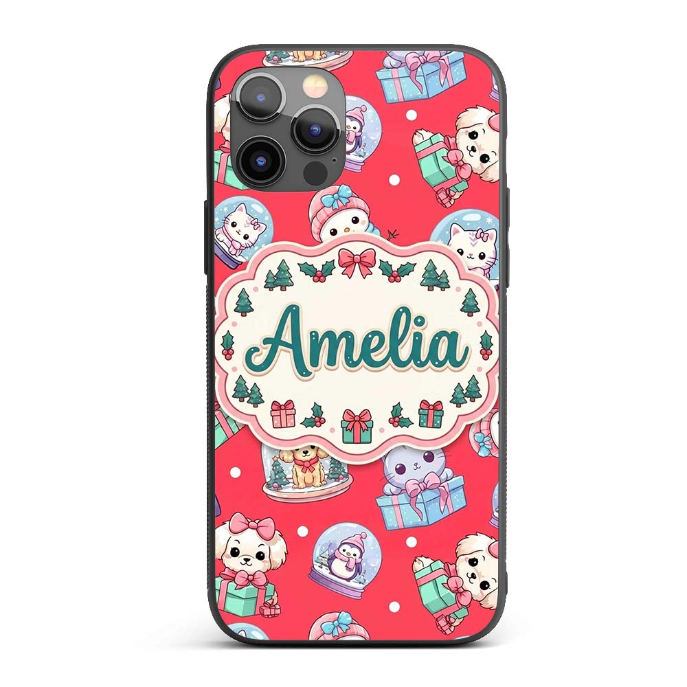 Cute Kawaii Christmas Pets Snow Globe Gifts Red Custom Name Protective Phone Case Mobile Cover Durable Everyday Smartphone Shock Resistant