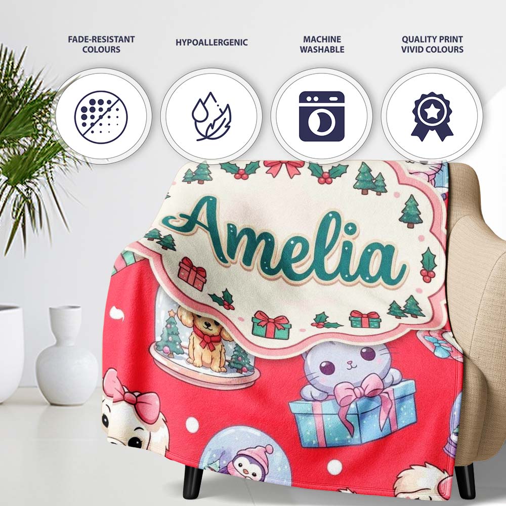 Cute Kawaii Christmas Pets Snow Globe Gifts Red Background Seamless  Personalised Custom Name Super Soft Fleece Blanket Bed Sofa Throw