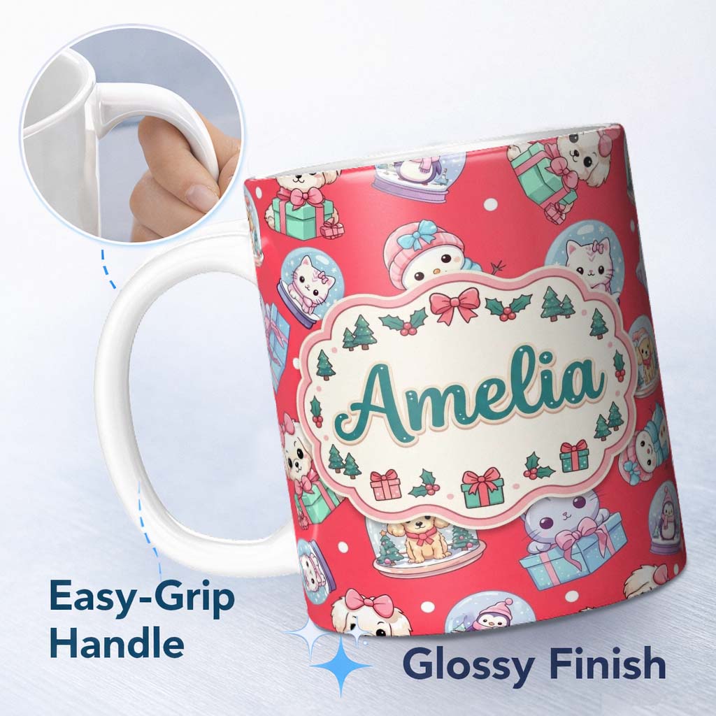 Personalized Custom Name Cute Kawaii Christmas Pets Snow Globe Gifts Red Background Seamless 11oz Ceramic Coffee Tea Mug White Large Handle