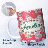 Personalized Custom Name Cute Kawaii Christmas Pets Snow Globe Gifts Red Background Seamless 11oz Ceramic Coffee Tea Mug White Large Handle