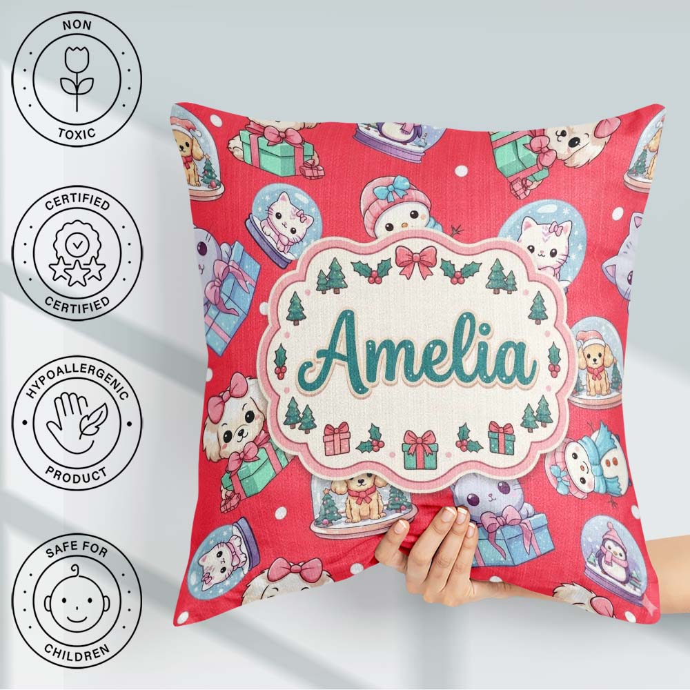 Custom Name Kawaii Pets Snow Globe Gifts Red Background Seamless Square Filled Cushion Throw Pillow Sofa Bed Home Decor Zip Washable UK Made